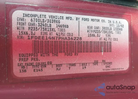 1993 Ford Econoline E150 Van из США, поврежденный, VIN 1FDEE14N7PHA36228